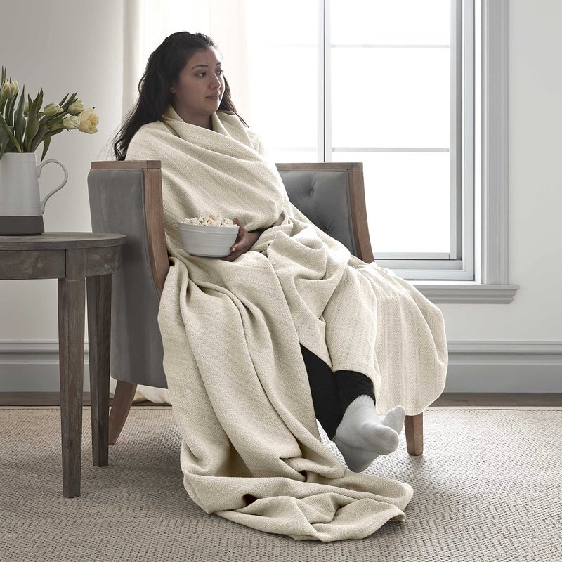 Vellux 1B07215 Cotton 360 GSM Premium Breathable Cozy Lightweight Soft Chevron Weave Herringbone Blanket Machine Washable Bed Sofa All Seasons Layering Blankets, Twin, Ivory - Image 4